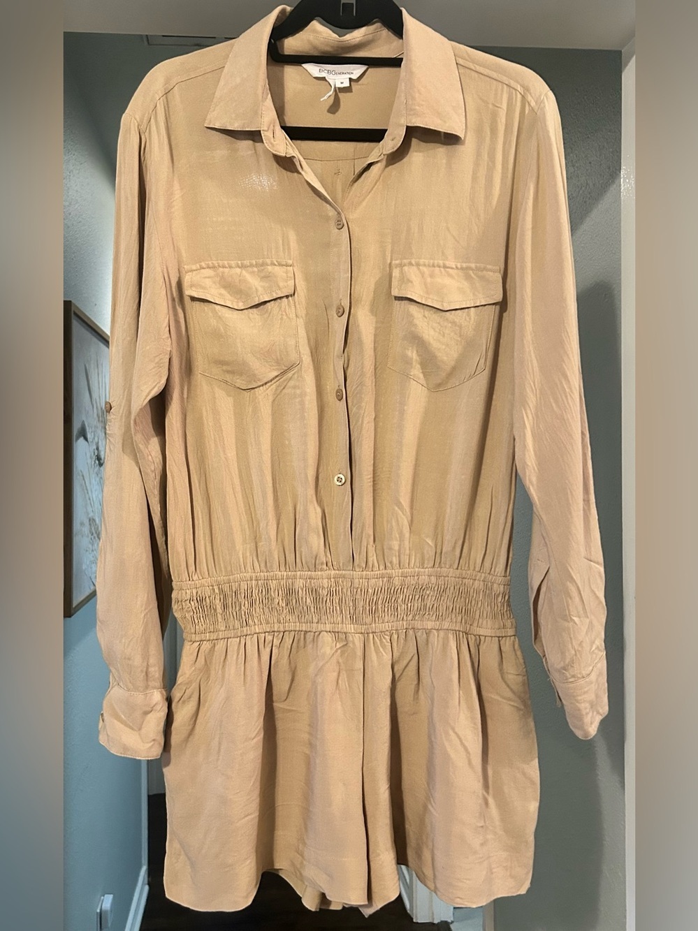 BCBGeneration Beige and Black Trim Long Sleeve Romper